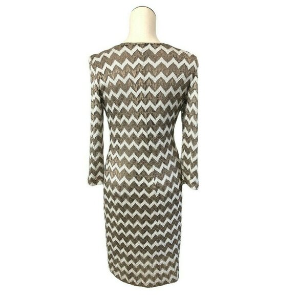 New Ronni Nicole Sheath Dress Womens L Chevron Gold White Shimmer 3/4 Sleeves Fi - Picture 3 of 14